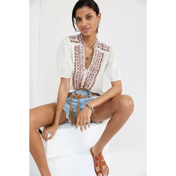 Anthropologie Embroidered Peasant Blouse Size 2 - Picture 1 of 10